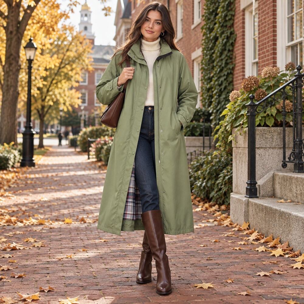 L.L.Bean Womens L Long Sage Green Raincoat Detachable Wool Plaid Liner Maxi Coat